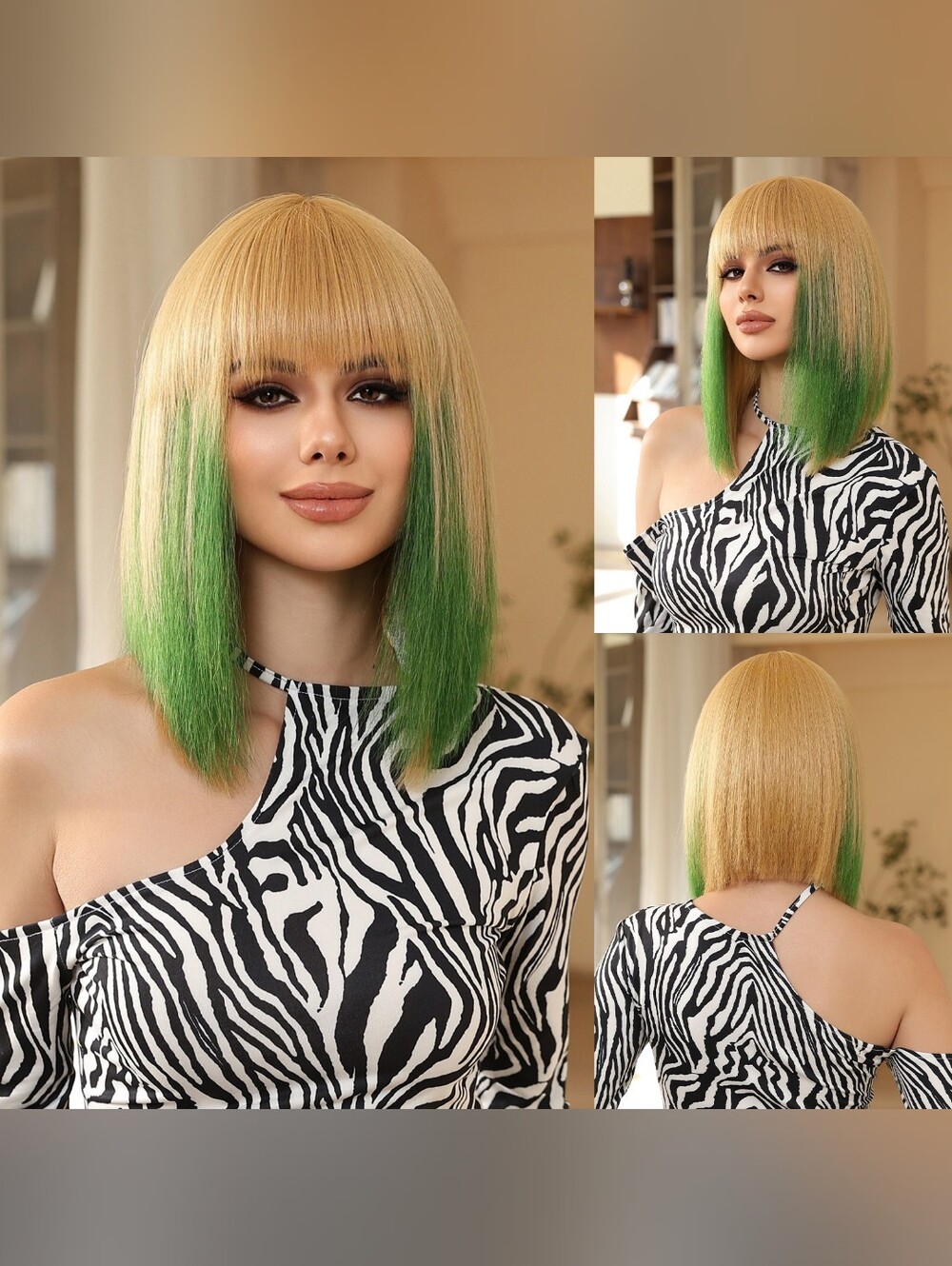 Blonde with Green Accent Synthetic Bob Wig